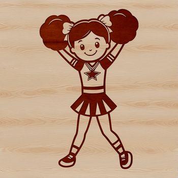 A young girl in a cheerleading uniform with pom-poms, ready to perform.