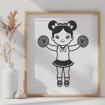 A young female athlete in a uniform waving pom-poms.