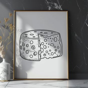 A digital illustration of a wheel of cheese with intricate details and textures.