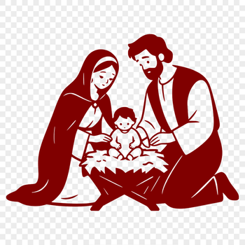 A traditional Nativity scene illustration featuring the Holy Family, including Mary, Joseph, and Jesus, in a classic style.