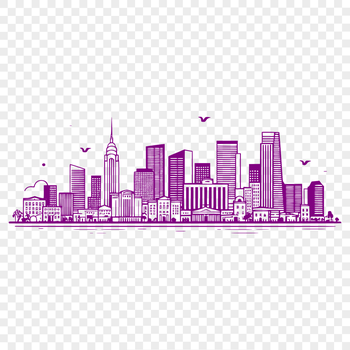 A stylized illustration of a city skyline with modern architecture.