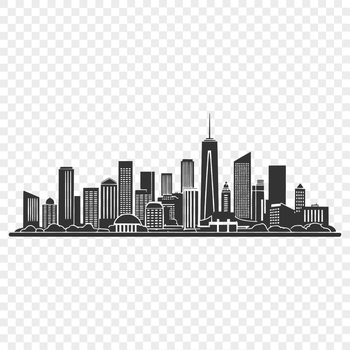A detailed illustration of a modern city skyline at sunset, created as a vector graphic.