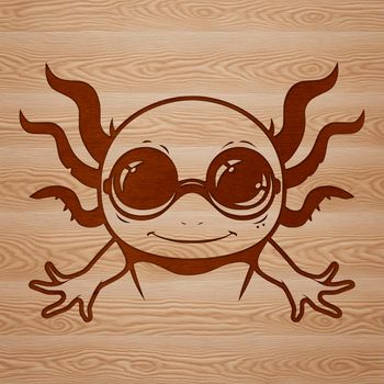 An axolotl salamander wears a pair of sunglasses on its head.