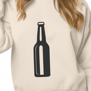 A detailed illustration of a beer bottle with a label and cap.