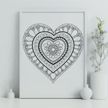 A colorful, intricate mandala design featuring a heart shape, suitable for digital applications and cutting machines.
