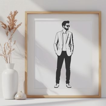 A digital illustration of a man in various poses and styles.