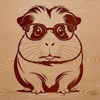 A cartoon guinea pig character wearing glasses on its head.