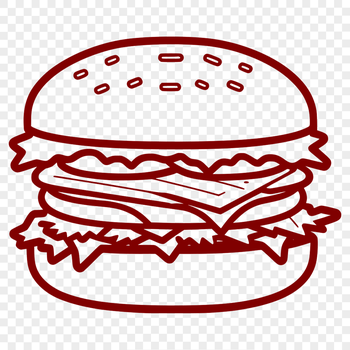 A simple illustration of a classic cheeseburger featuring a beef patty, lettuce, tomato, and melted cheese on a toasted bun.