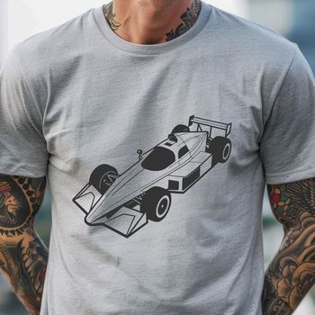 A high-speed racing car in motion, designed as vector art for digital editing.