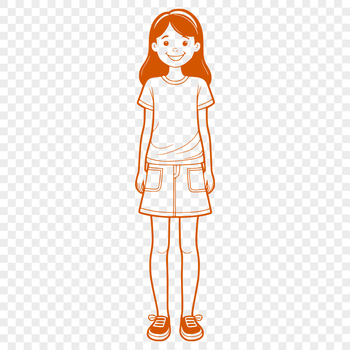 A young girl in a colorful outfit standing against a white background.