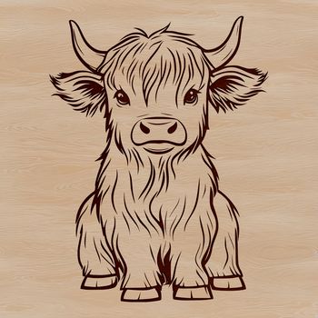 A illustration of a sitting Highland cow with distinctive horns.