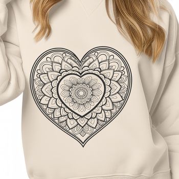 A colorful mandala design featuring a stylized heart at its center.