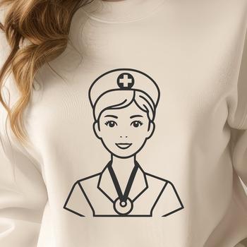 A female figure in a nurse's uniform with stethoscope and clipboard.