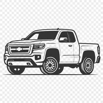 A detailed illustration of a rugged pickup truck with a flatbed and wheels.