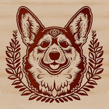 A illustration of a Corgi's head in ornate detail.