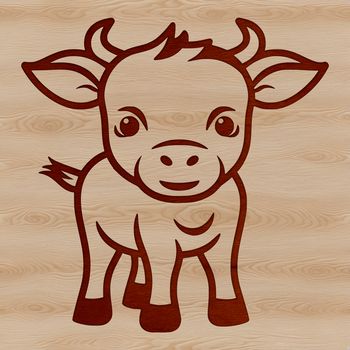 A colorful illustration of a happy cow with a calf standing beside it on a green grassy field.