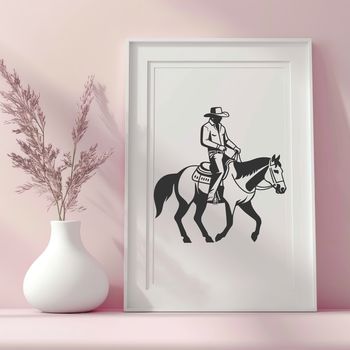 A vector illustration of a cowboy riding on horseback in the wild west.