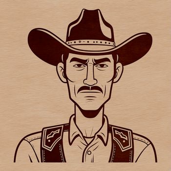 A line art illustration of a cowboy in traditional attire, suitable for vector graphics.