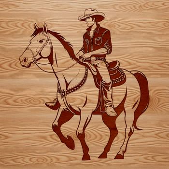 A line art illustration of a cowboy riding a horse, suitable for digital design projects.