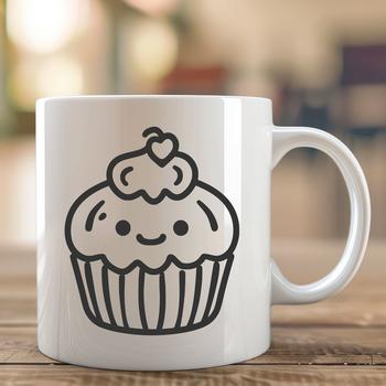 An isolated vector graphic of a stylized cupcake with decorative details.
