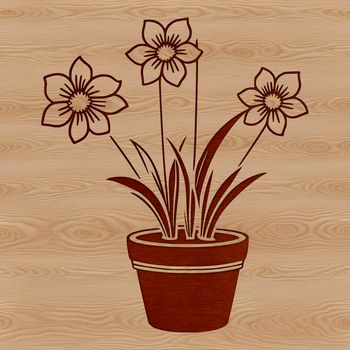 A stylized illustration of a single daffodil flower in a small pot.