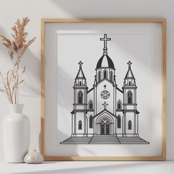 A 2D illustration of a traditional Catholic church exterior with architectural details.
