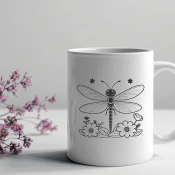 A colorful illustration of a dragonfly perched on a floral stem, designed as a vector graphic.