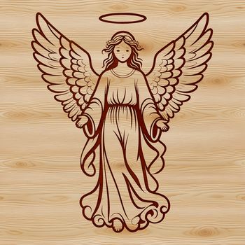 A stylized illustration of a serene angel with wings.