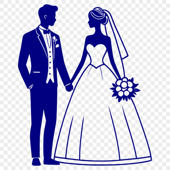 A young bride and groom standing together, holding hands, with a stylized background, suitable for vector graphics.