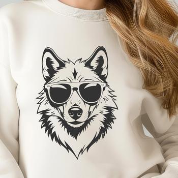 A wolf's head wearing trendy sunglasses, rendered as a detailed vector image.