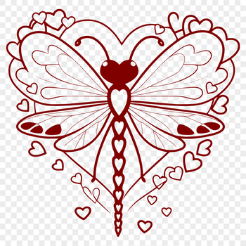A colorful dragonfly with love hearts surrounding its body, ideal for vector art projects.