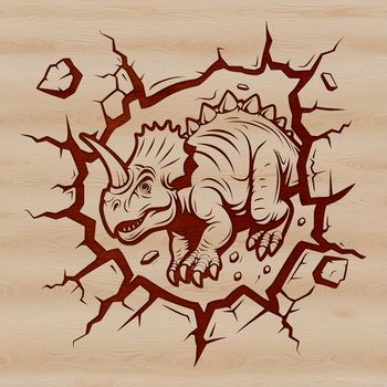 A prehistoric dino bursting through a wall in a bold vector design.
