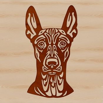 A detailed illustration of a Doberman Pinscher's head featuring intricate design elements.
