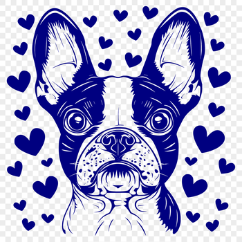 A stylized illustration of a Boston Terrier's head surrounded by love hearts.