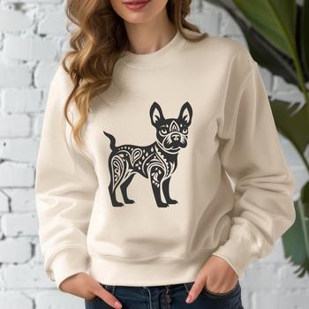 A stylized illustration of a standing Boston Terrier dog breed in ornate vector design.