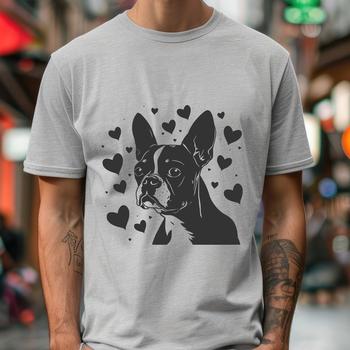 Boston Terrier dog breed illustration with love hearts surrounding its head.