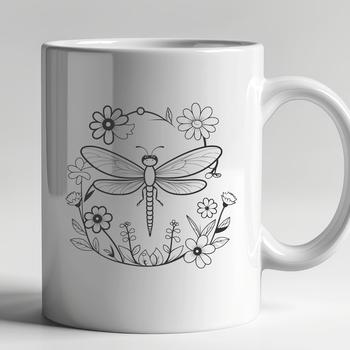 A colorful dragonfly perched on a lush floral background, designed as vector art.