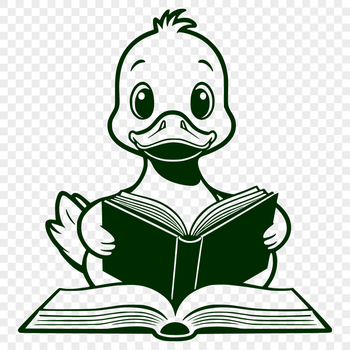 A cartoon style illustration of a duck sitting on the ground with a book in its beak.