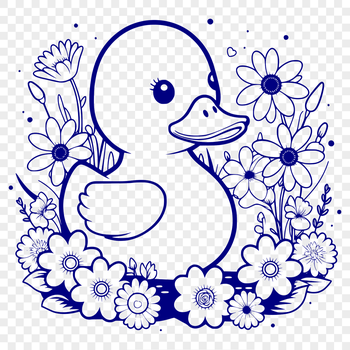 A digital illustration of a white duck surrounded by colorful flowers.