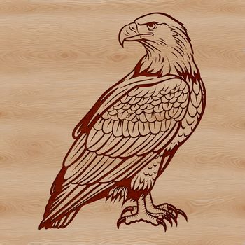 An illustration of a bird perched on a branch, featuring the distinctive shape of an eagle's beak and feathers.