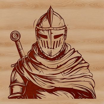 A medieval knight standing on horseback in armor.