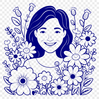 A detailed illustration of a woman surrounded by floral patterns and shapes, suitable for various design applications.