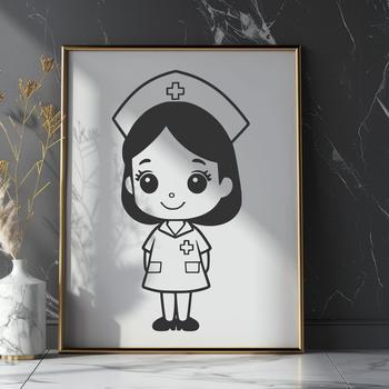 A detailed illustration of a female nurse in full-body attire, representing the healthcare profession.