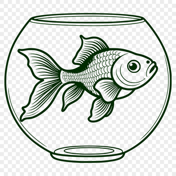A simple illustration of a goldfish in a fish bowl.