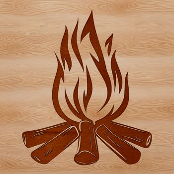 A stylized illustration of a camp fire in the outdoors, with flames and smoke rising into the air.