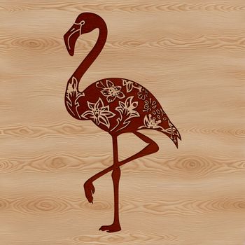 A stylized illustration of a flamingo standing on one leg in a naturalistic setting.