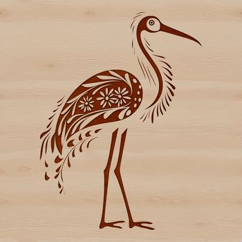 A stylized illustration of a flamingo with ornate details and floral patterns.