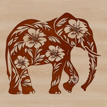 A stylized illustration of a standing elephant with ornate floral patterns in its design.