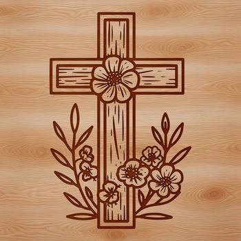 A simple white cross with floral patterns etched into its surface, rendered as a vector design.