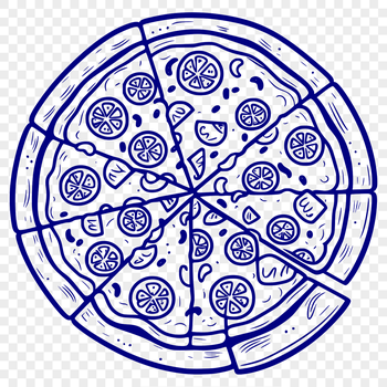 A colorful illustration of a traditional Italian-style pizza with various toppings.